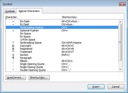 nonbreaking hyphen Word